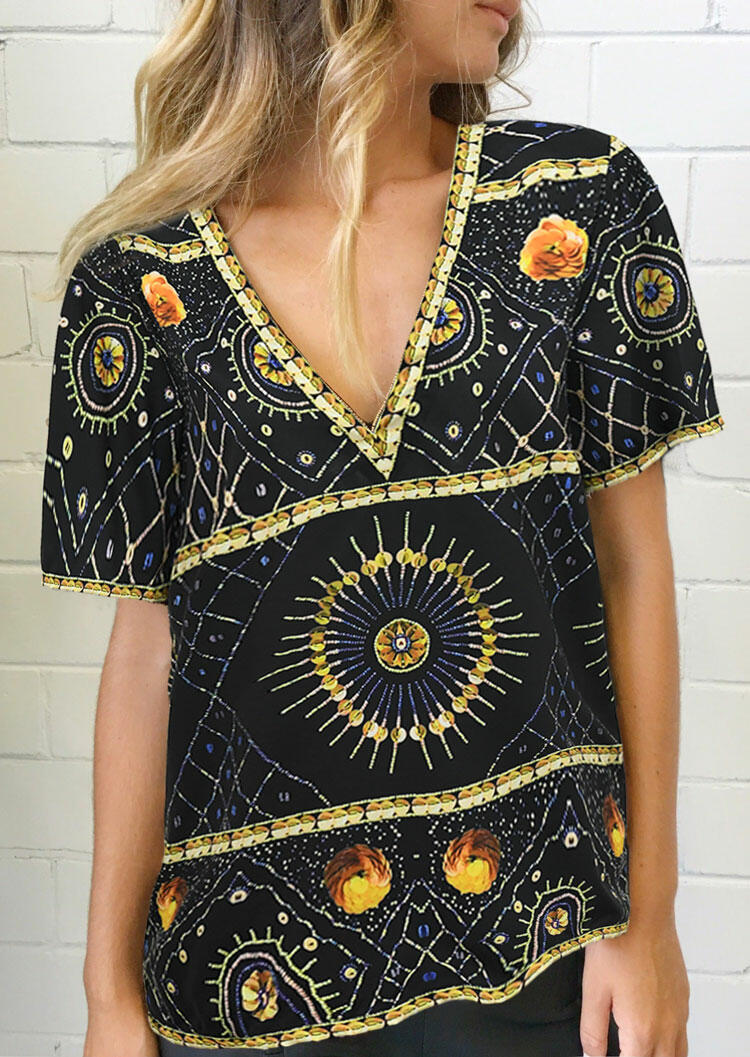 

Vintage Geometric V-Neck Blouse - Black, 473760