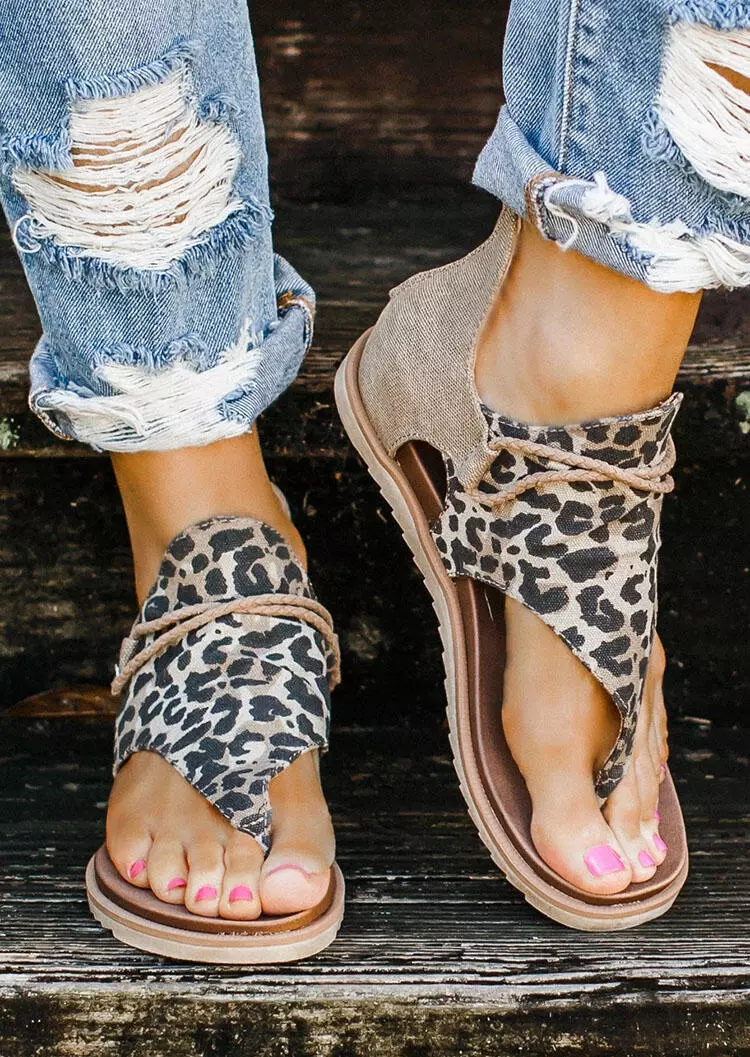 Women's Summer Leopard Printed Zipper Flat Sandals - Fairyseason