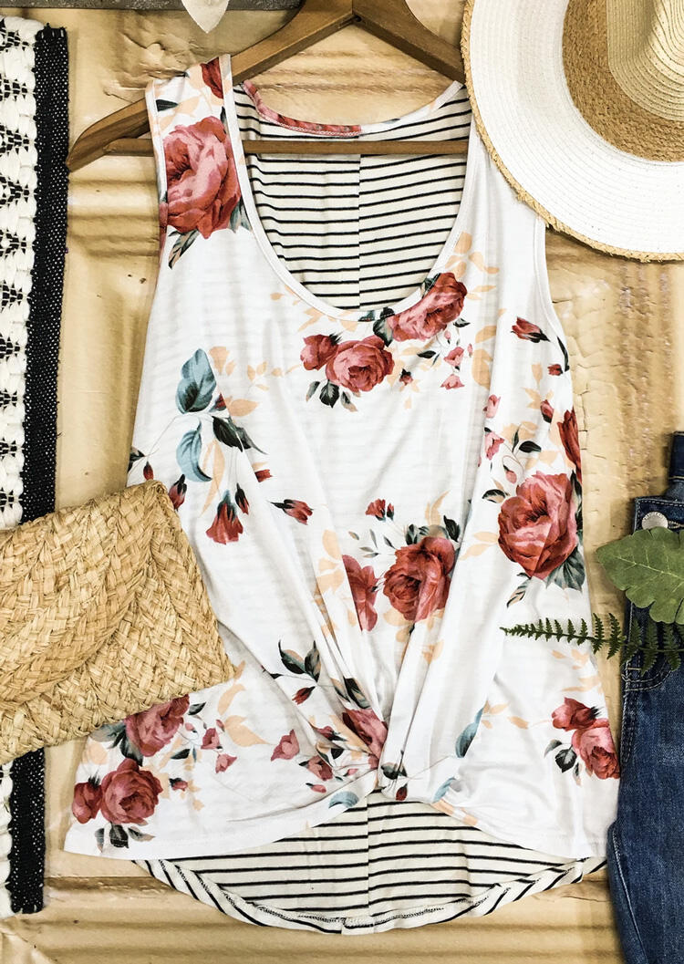 

Tank Tops Floral Striped Button Tank in White. Size