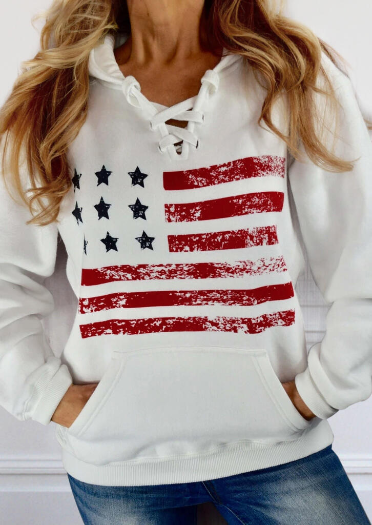 

American Flag Lace Up Pocket Hoodie - White, 473315