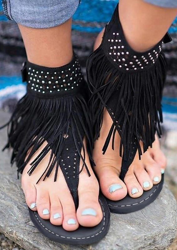 

Sandals Tassel Round Toe Slip On Flat Sandals in Black. Size