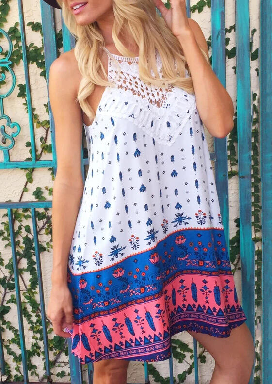 

Presale - Geometric Feather Lace Splicing Open Back Mini Dress - White, 473933