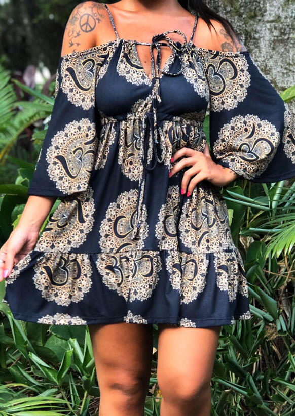 

Floral Ruffled Hollow Out Cold Shoulder Mini Dress - Navy Blue, 473935