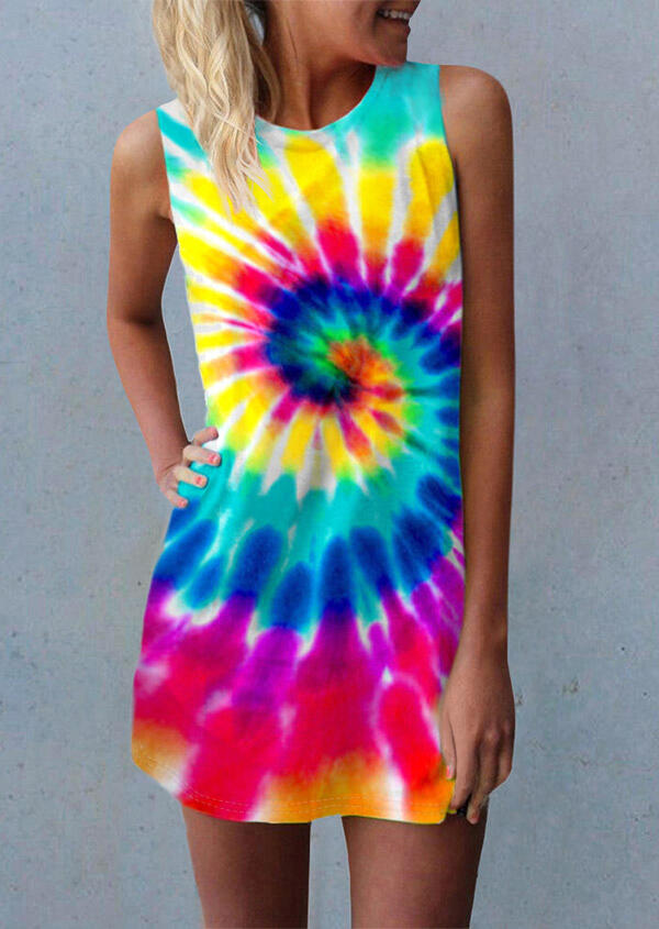 

Swirl Tie Dye O-Neck Mini Dress, Multicolor, 473575