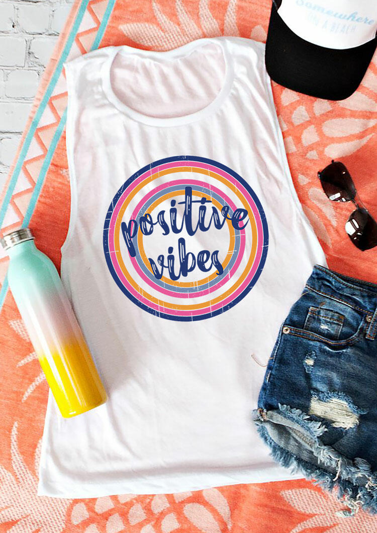 

Tank Tops Positive Vibes O-Neck Tank in White. Size