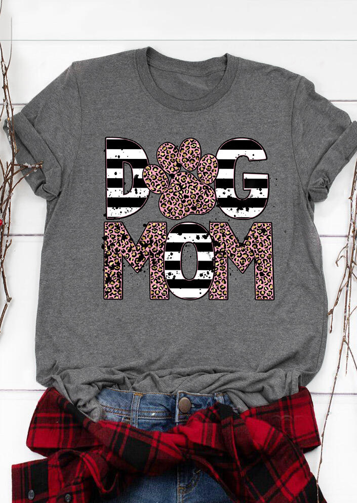 

Dog Mom Leopard O-Neck T-Shirt Tee - Gray, 474054