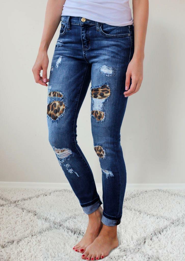 Ripped Leopard Patch Pocket High Waist Skinny Jeans Blue Fairyseason