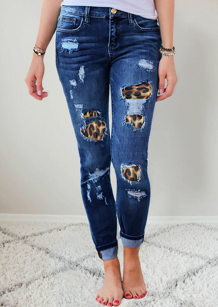 Ripped Leopard Patch Pocket High Waist Skinny Jeans - Blue
