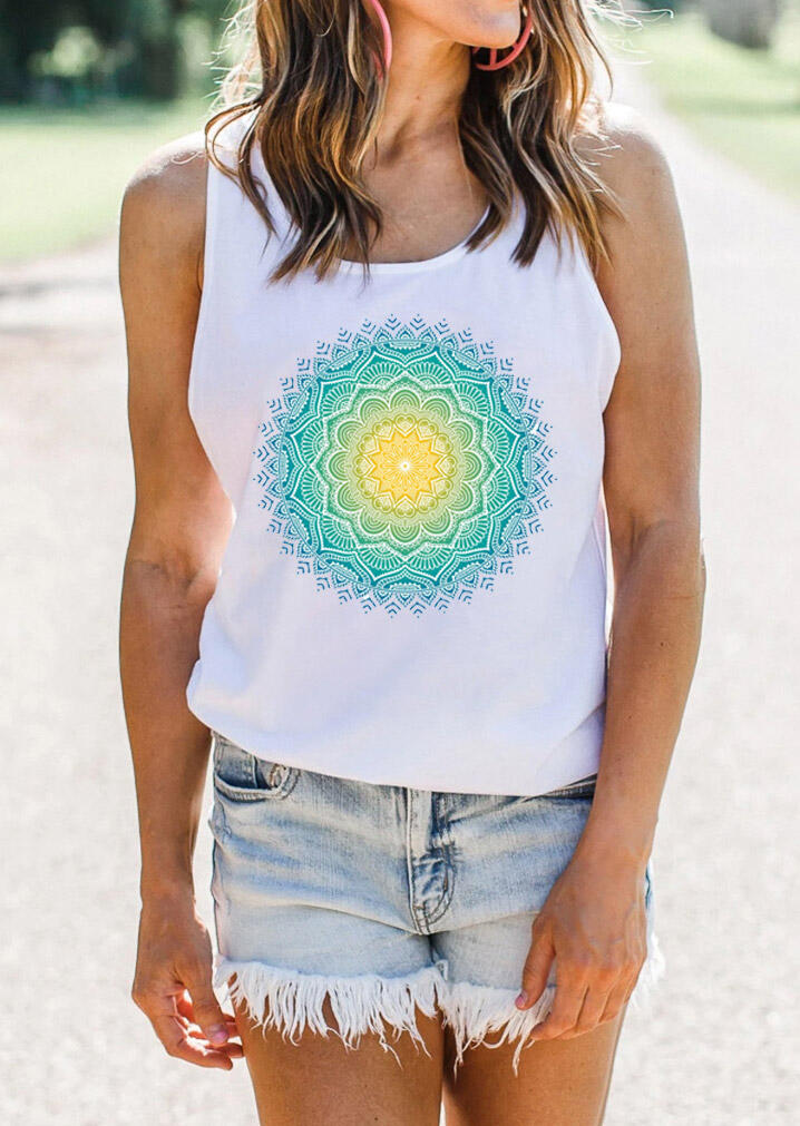 

Tank Tops Mandala O-Neck Casual Tank in White. Size