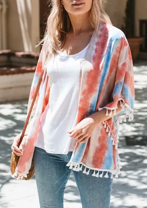 

Tie Dye Tassel Splicing Cardigan without Necklace, Multicolor, 473897