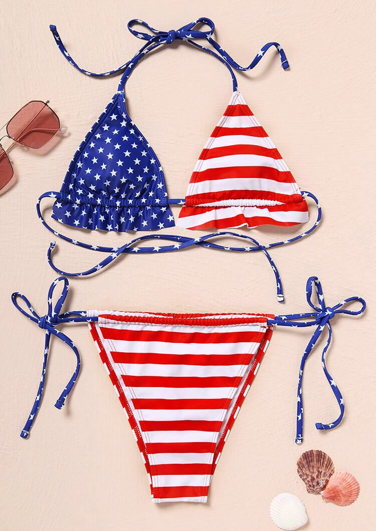 Bikini Sets American Flag Halter Tie Bikini Set without Necklace in Multicolor. Size: S