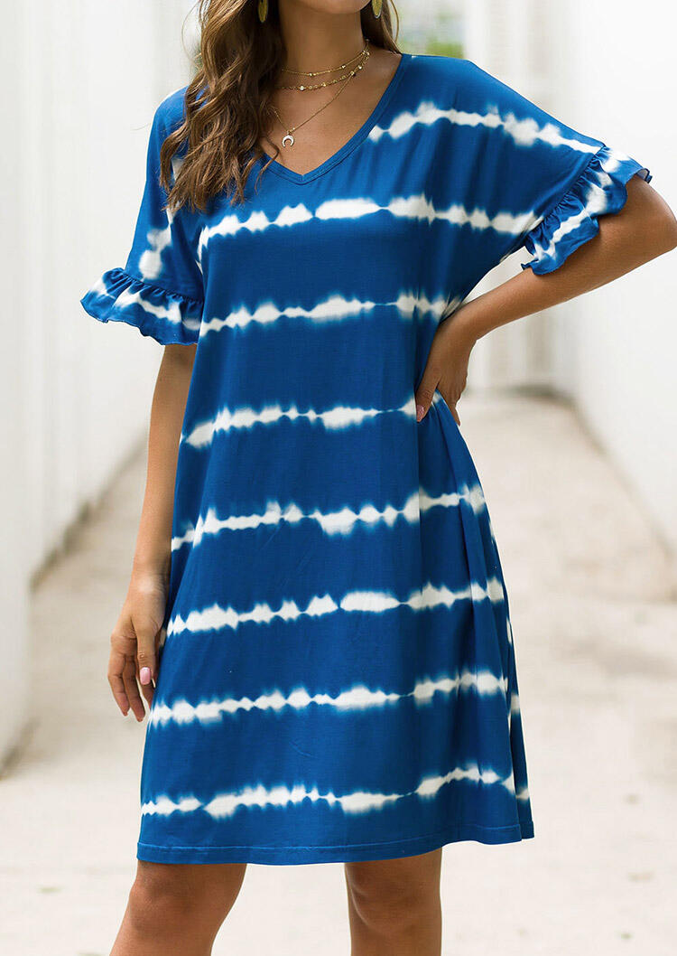 

Mini Dresses Striped Ruffled V-Neck Mini Dress without Necklace in Blue. Size