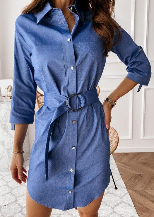 

Mini Dresses Button Pocket Denim Mini Dress without Necklace in Blue. Size