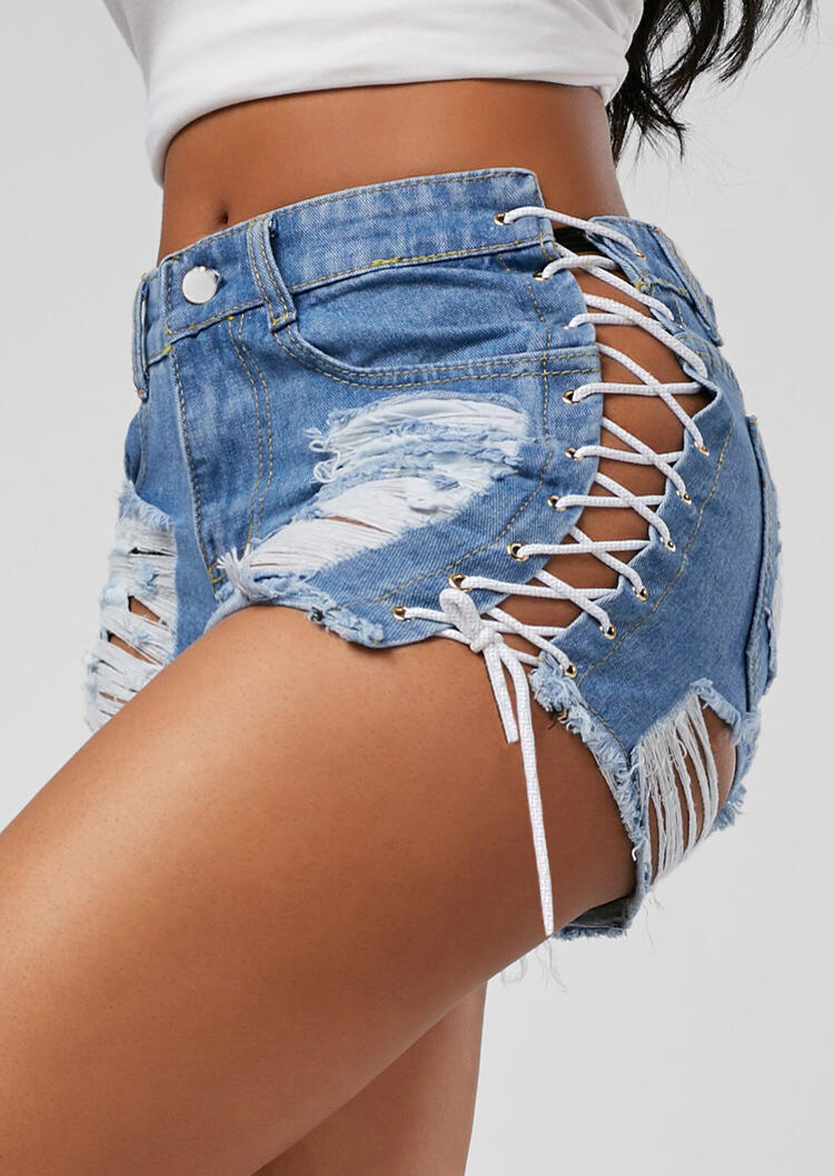 

Shorts Ripped Hole Lace Up Pocket Button Denim Shorts in LightBlue. Size: ,XL