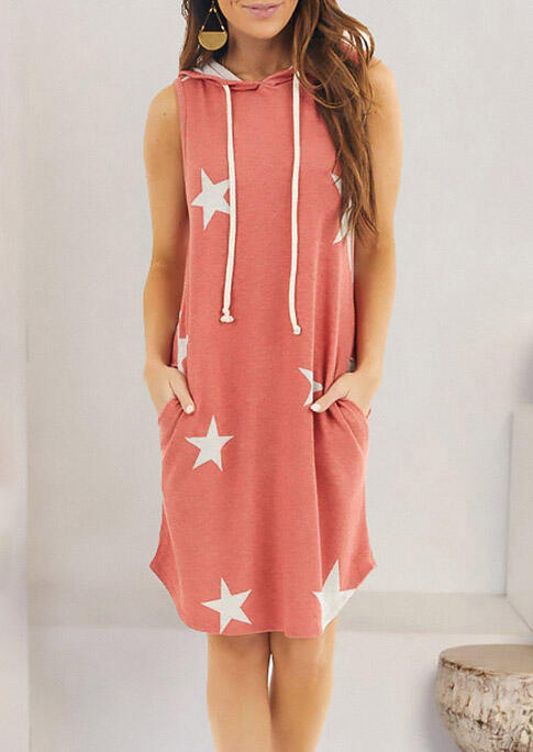 

Star Drawstring Pocket Hooded Mini Dress - Brick Red, 474179