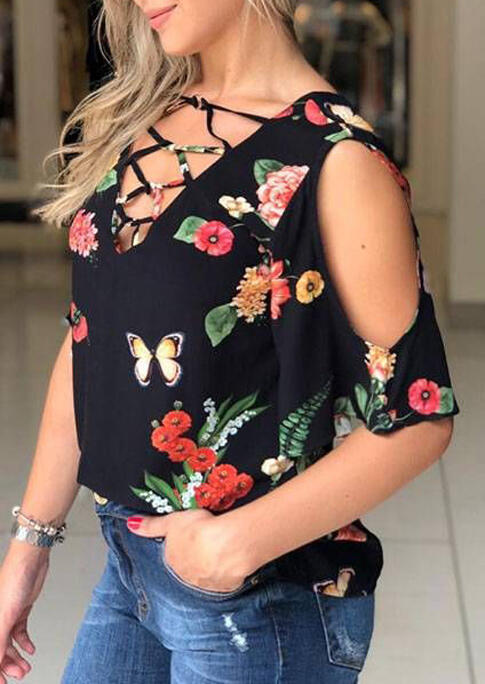 

Blouses Floral Criss-Cross Cold Shoulder V-Neck Blouse in Black. Size