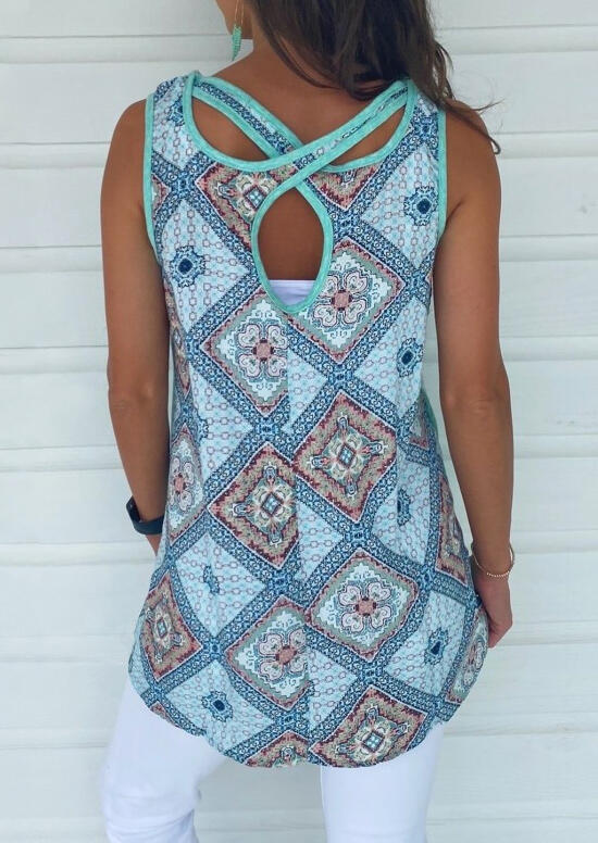 

Tank Tops Geometric Pocket Open Back Tank in Lake Blue. Size