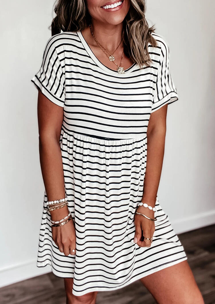 

Presale - Striped Ruffled O-Neck Mini Dress without Necklace, Stripe, 474226