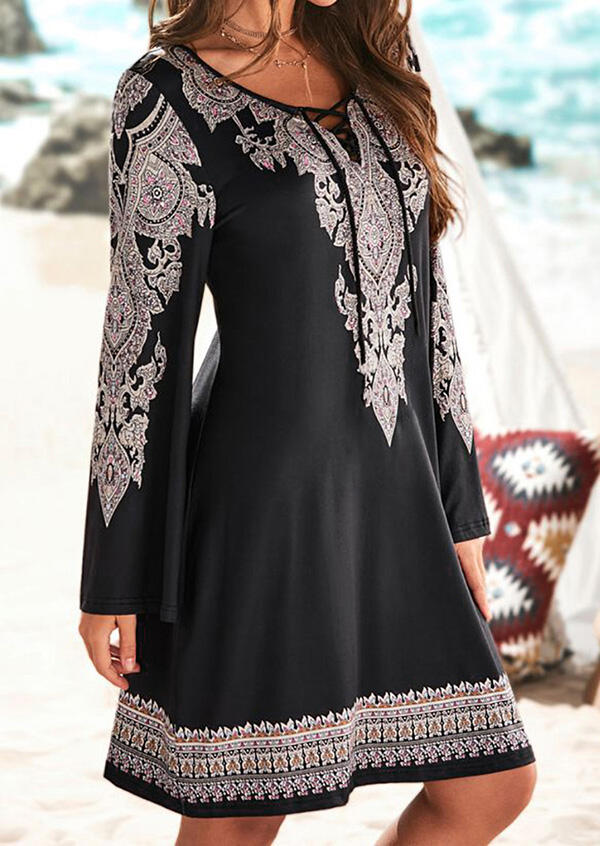 

Lace Up Long Sleeve Mini Dress without Necklace - Black, 473592