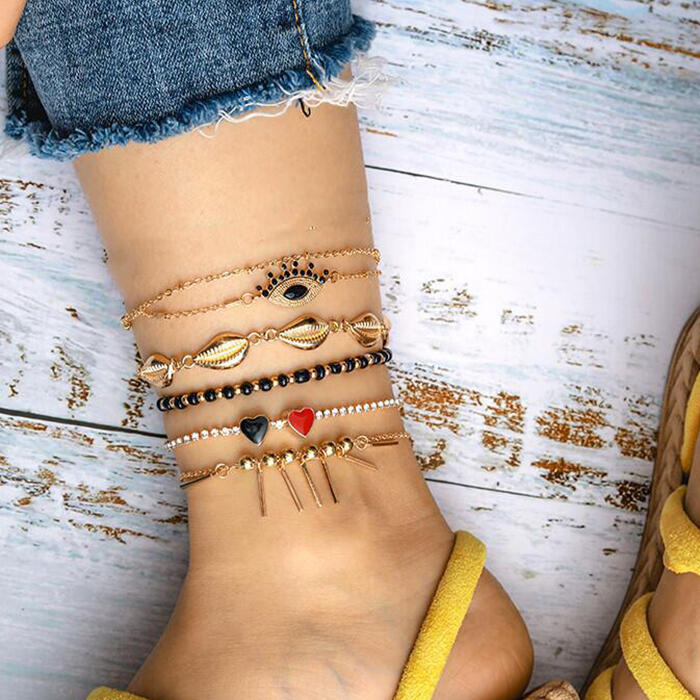 

5Pcs Heart Conch Rhinestone Beading Anklet, Gold, 474189