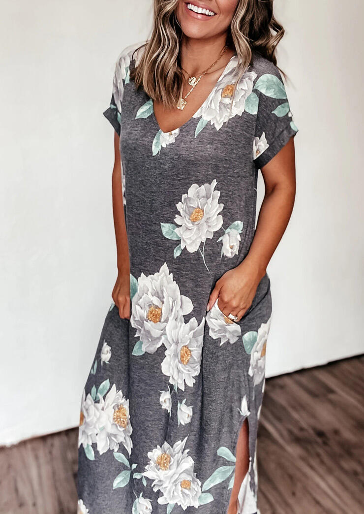 

Maxi Dresses Floral Slit Pocket V-Neck Maxi Dress without Necklace in Gray. Size