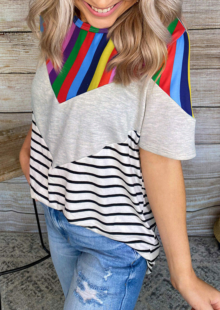 

Color Block Serape Striped Splicing T-Shirt Tee without Necklace, Stripe, 474200