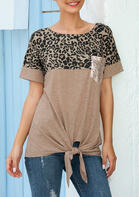 Sequined Pocket Leopard Splicing Tie Blouse