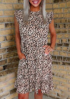 Fairyseason Clothing Leopard Ruffled Pocket Button Cap Sleeve Casual Dress