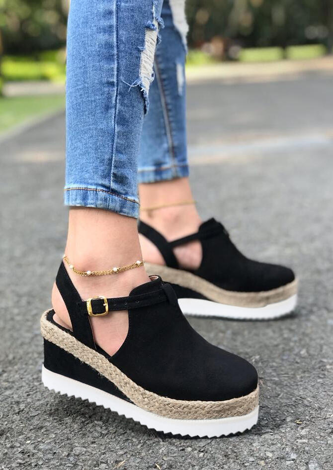 

Buckle Strap Wedge Sandals without Anklet, Black, 474305