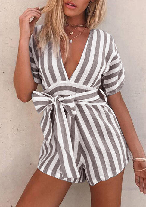 

Striped Zipper Deep V-Neck Romper without Necklace - Gray, 474317