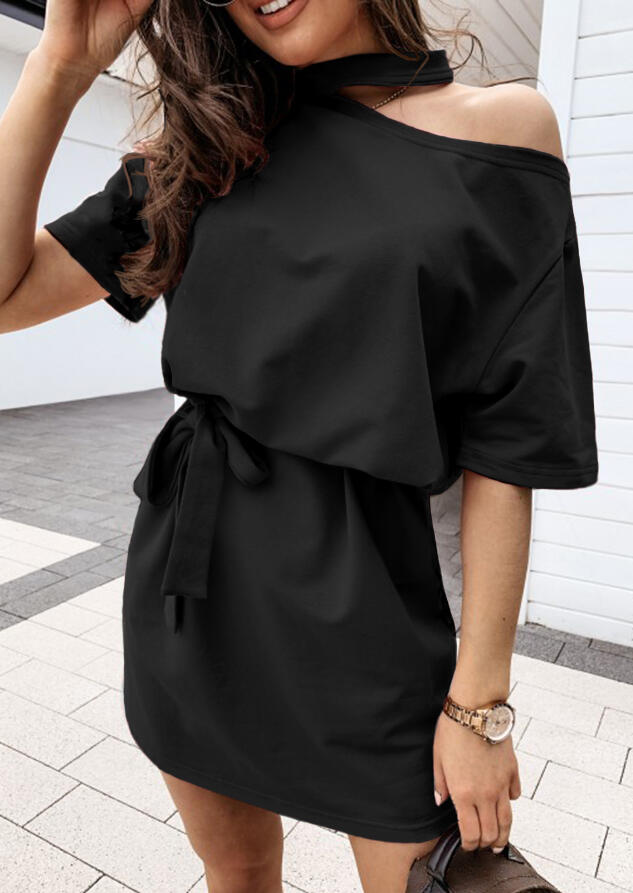 

Cold Shoulder Tie Mini Dress - Black, 474344