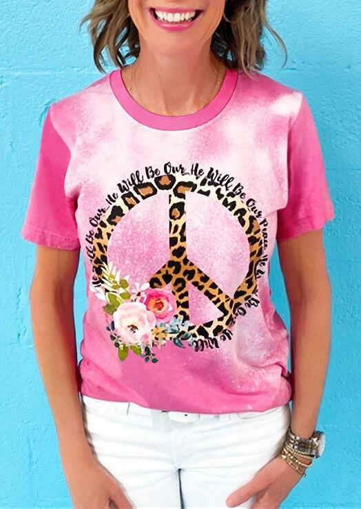

Presale - Leopard Peace Symbol Floral T-Shirt Tee - Pink, 474350
