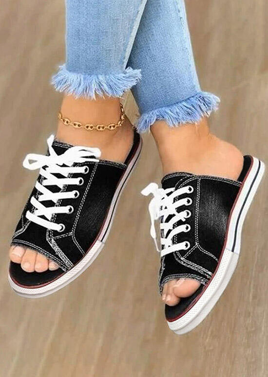 

Lace Up Peep Toe Flat Slippers without Anklet - Black, 474365
