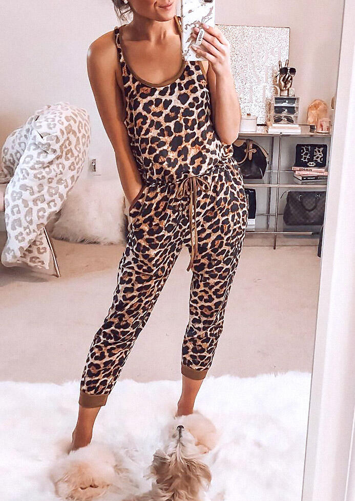 

Leopard Drawstring Pocket Sleeveless Jumpsuit, 474370