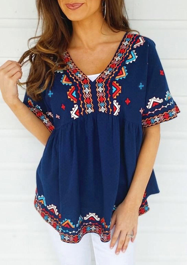 

Blouses Geometric Ruffled Blouse without White Bra in Deep Blue. Size