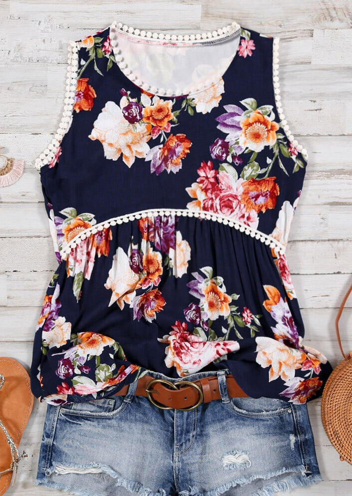 

Floral Lace Ruffled Casual Tank - Navy Blue, 473117
