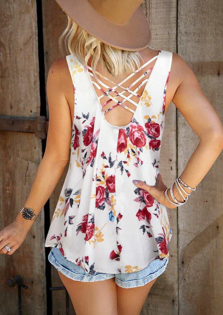 

Tank Tops Floral Criss-Cross Open Back Tank in White. Size