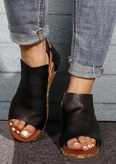 

Summer Peep Toe Flat Velcro Sandals - Black, 474262