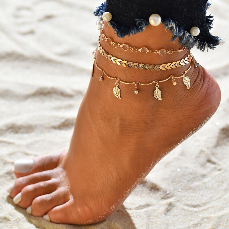 

Body Jewelry 3Pcs Alloy Leaf Rhinestone Beach Anklet Set in Gold. Size