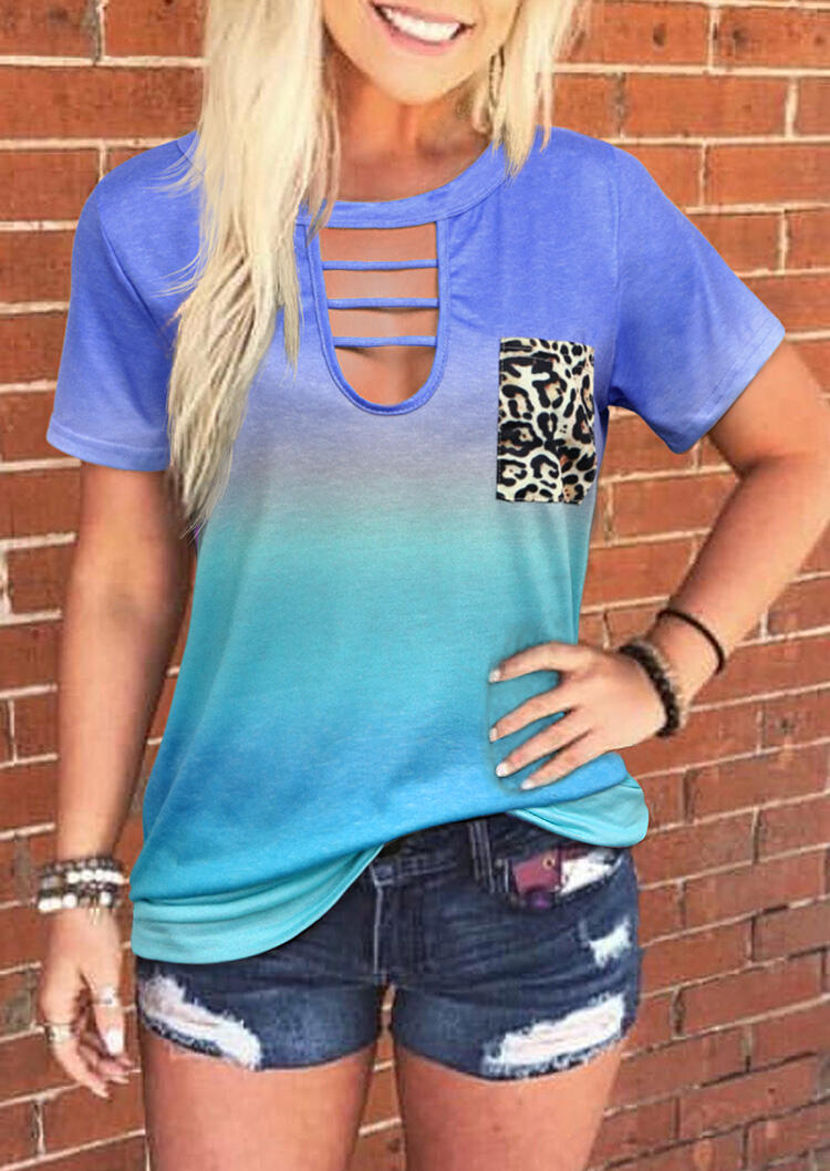 

Blouses Leopard Pocket Gradient Hollow Out Blouse in Green. Size