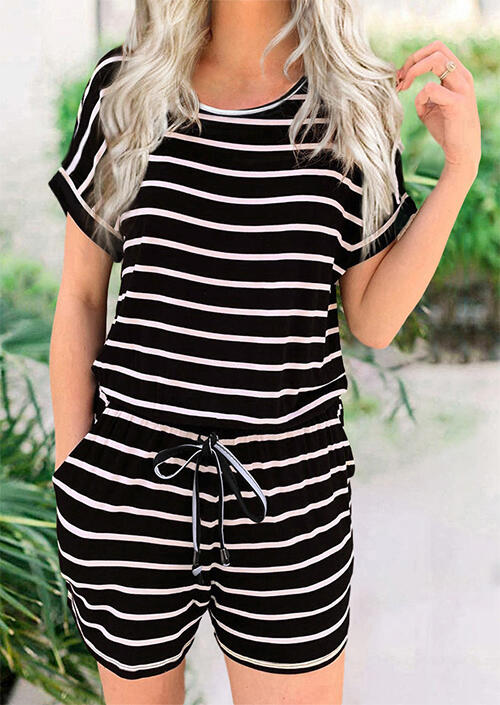 

Jumpsuits & Rompers Striped Button Drawstring Pocket O-Neck Romper in Stripe. Size: ,M,L,XL