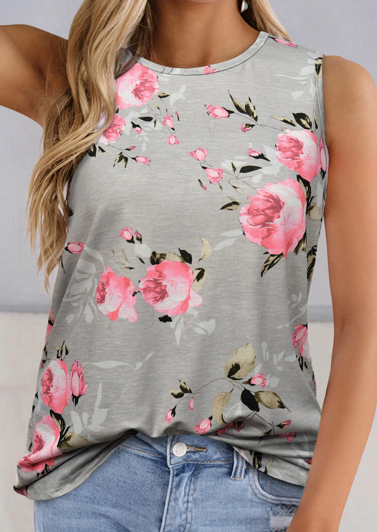 

Floral O-Neck Tank - Light Grey, 473755
