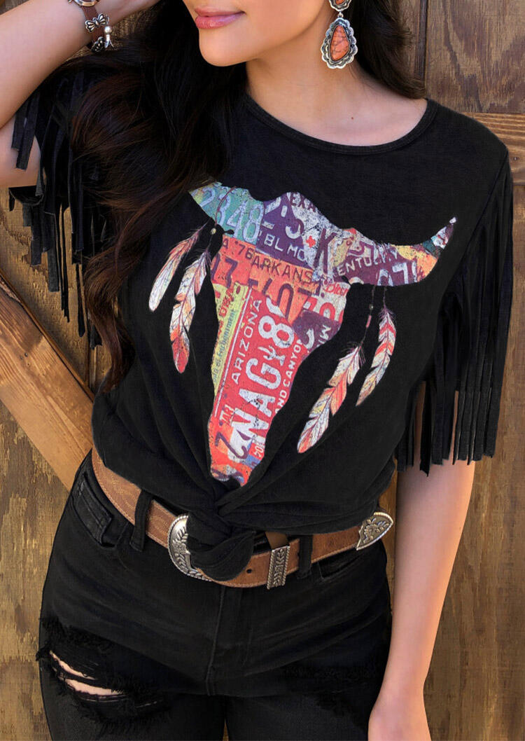 

Steer Skull Tassel Feathers Blouse - Black, 474690