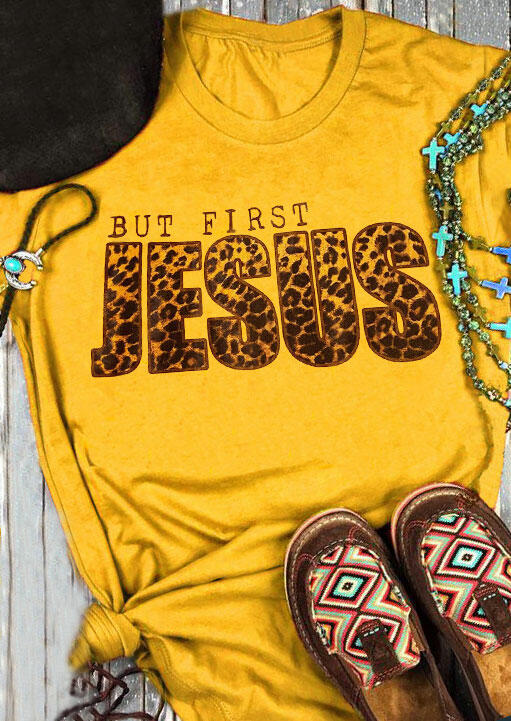 

But First Jesus Leopard T-Shirt Tee - Yellow, 474731