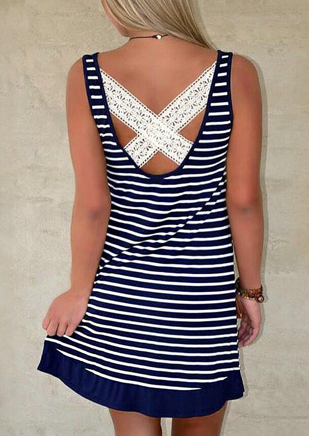 

Lace Splicing Striped Hollow Out Mini Dress without Necklace - Blue, 474735