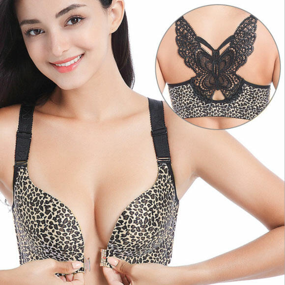

Bras Leopard Lace Butterfly Splicing Front Buckle Seamless Bra in Leopard. Size