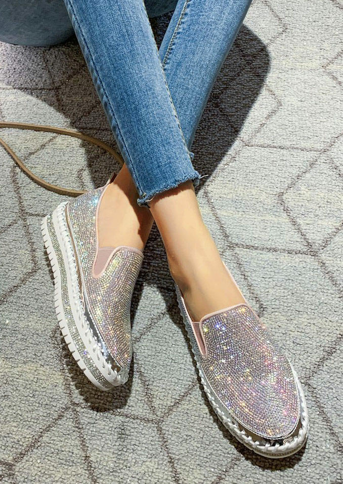 

Rhinestone Round Toe Slip On Platform Sneakers, Black;silver, 474643