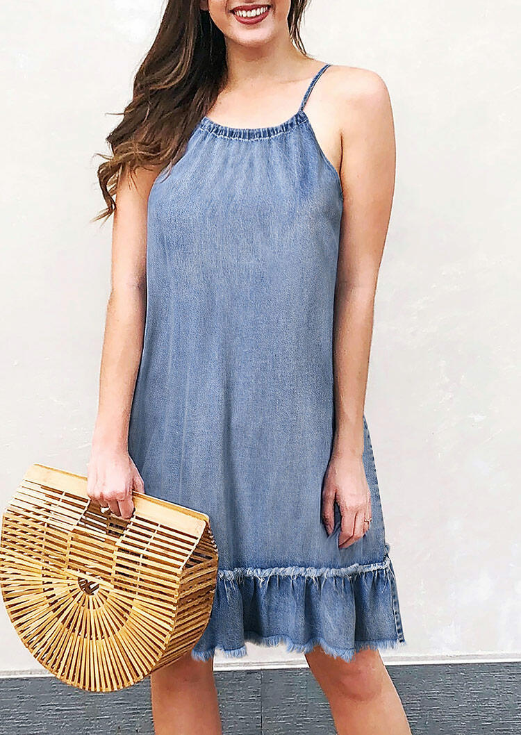 

Mini Dresses Hollow Out Ruffled Spaghetti Strap Denim Mini Dress in Blue. Size