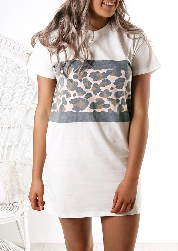 

Leopard Splicing O-Neck Mini Dress - White, 474665