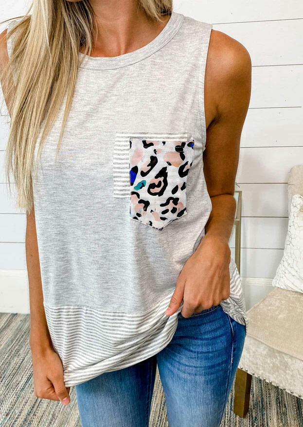 

Tank Tops Leopard Striped Splicing Pocket Tank in Light Grey. Size